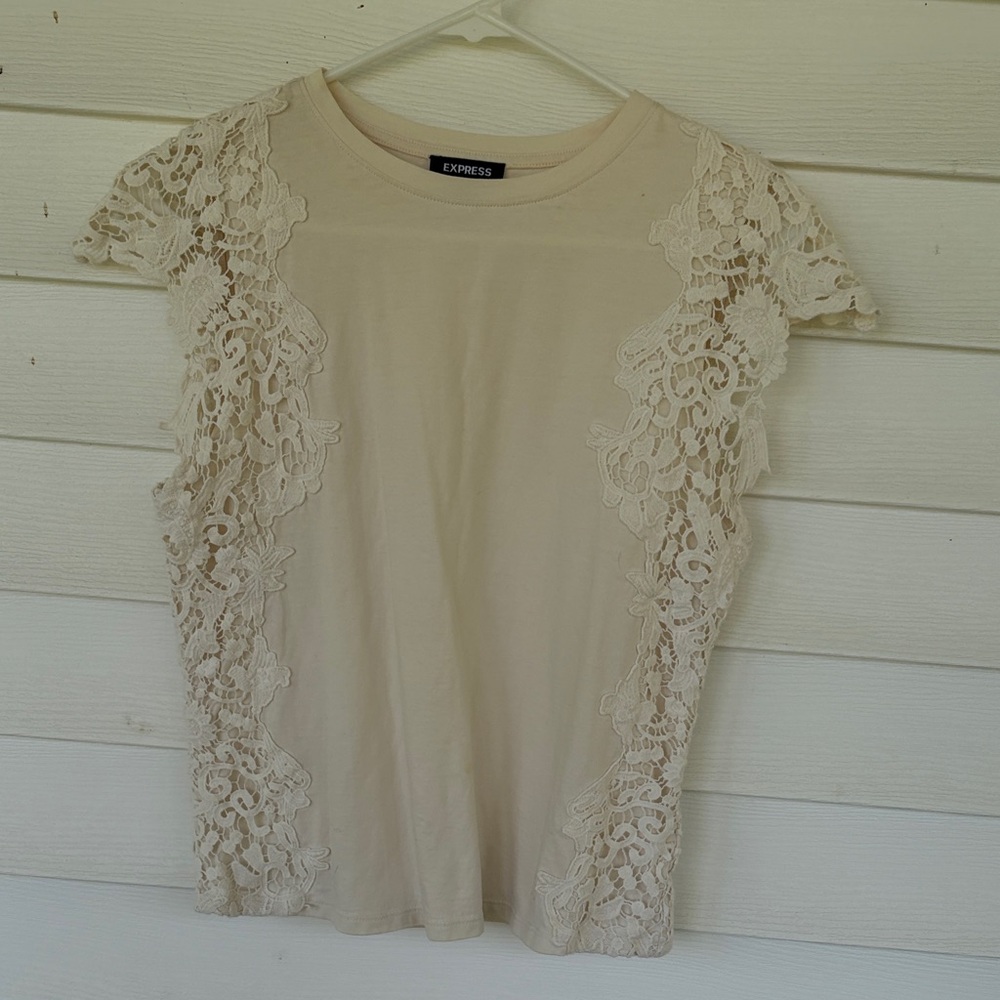 Express Beige Lace Accent Short Sleeve Top